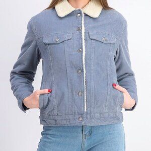 Bershka Women Sherpa Corduroy Jacket, Blue - Size XS